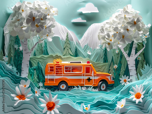 Background of paper craft orange ambulance on a woodland adventure with white trees and clouds