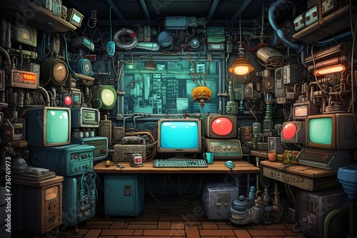 Immerse yourself in the charm of obsolete technology with a cartoon background, featuring quirky devices, vintage computers, and an animated, Generative AI
