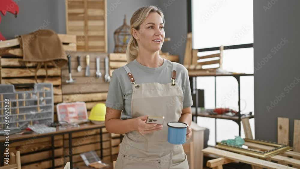 A smiling woman in an apron holding a phone and cup in a carpentry workshop, embodying creativity and entrepreneurship.