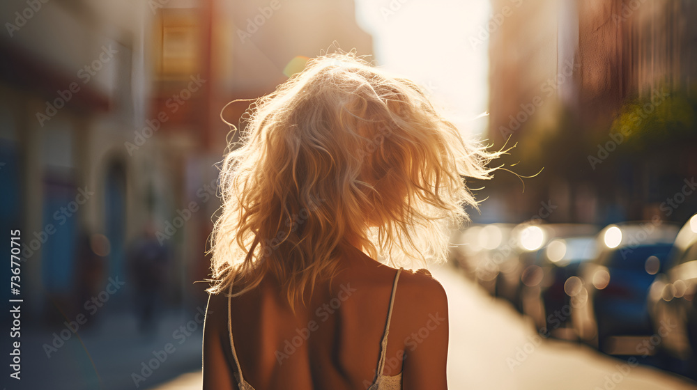 photo of a blonde girl from behind, standing on the street, sunny day, close up photo - obrazy, fototapety, plakaty 