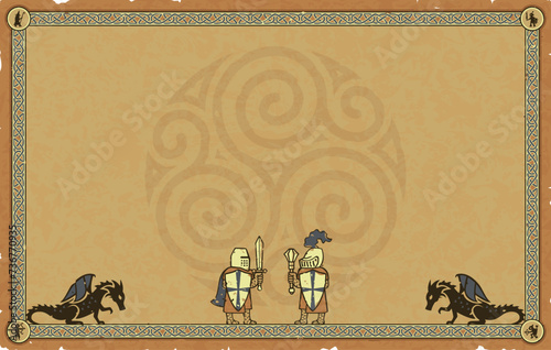 Medieval Parchment with Knights, Dragons, Celtic Spirals