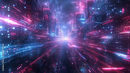 cyberspace futuristic cityscape cyberpunk vibes at night with streams of glowing galaxy color data