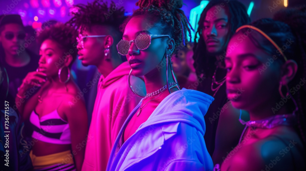 Under the neon lights of a nightclub a group of friends embodies the hip hop fashion with baggy joggers crop tops and oversized hoodies. Bold hoop earrings and choker necklaces