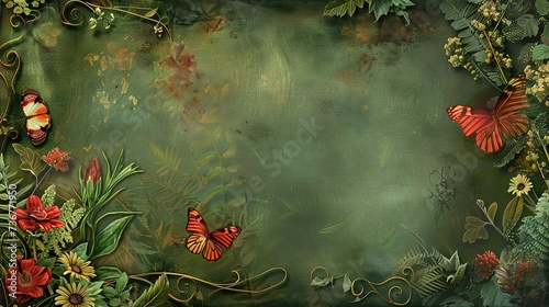 Green background with flowers, butterfly and plants on the edges. Nature frame