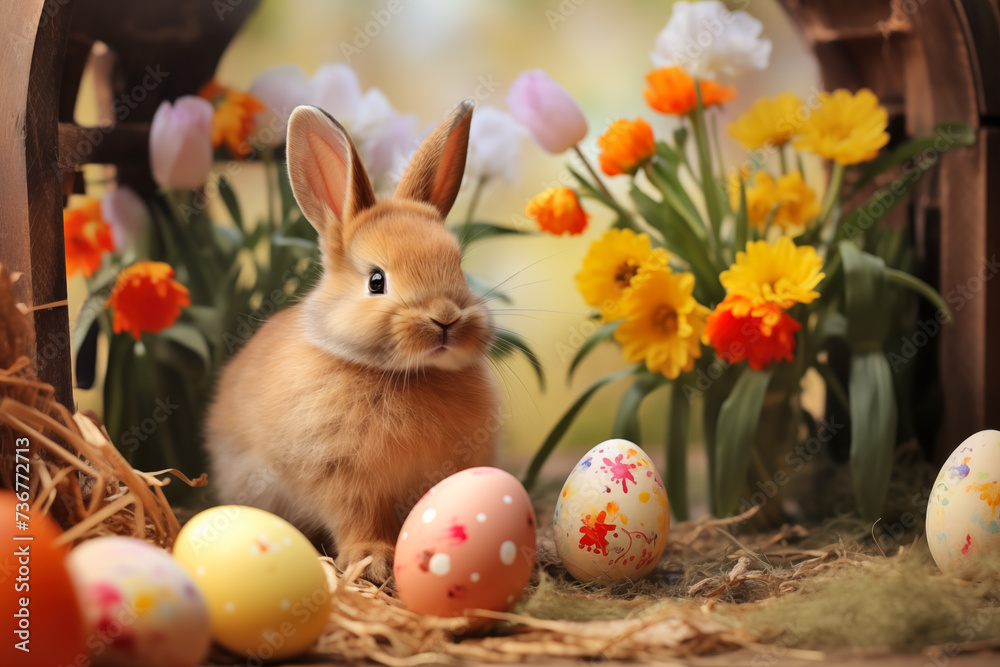 Fototapeta premium Easter Bunny Amidst Colorful Eggs and Spring Flowers