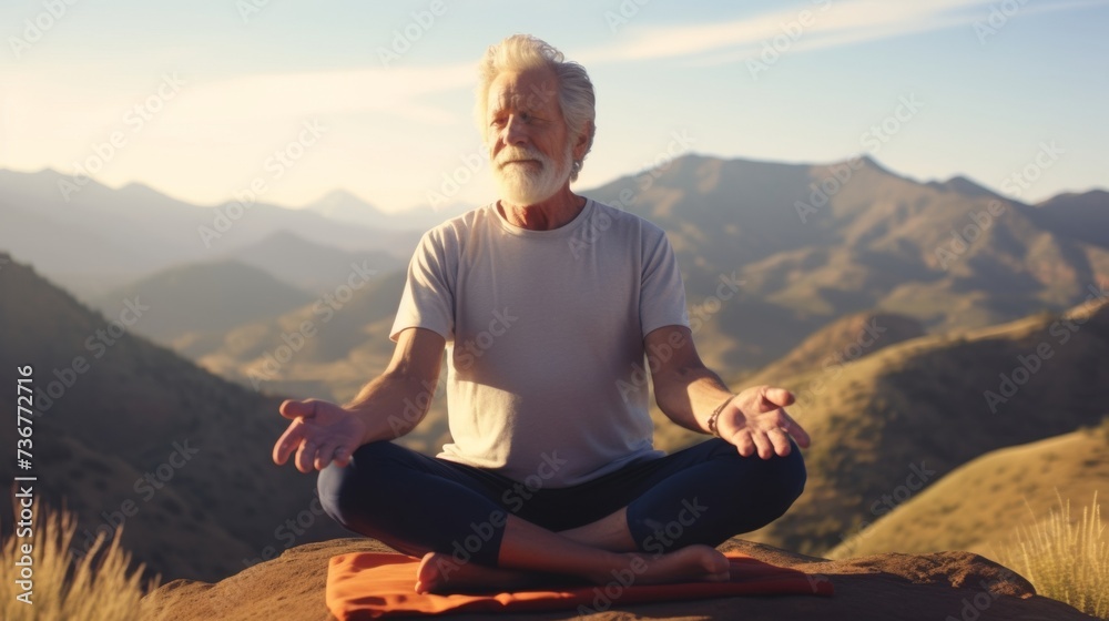 A retiree practicing yoga on a scenic mountain overlook surrounded by breathtaking views and the tranquil sounds of nature.