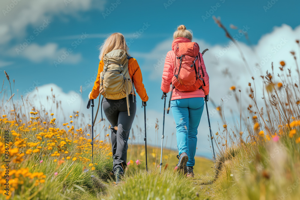 Woman Hikers Ascending Mountain Trail Amidst Wildflowers