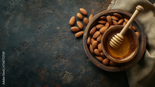 Rustic almonds and honey setup invoking a sense of natural sweetness and tradition photo