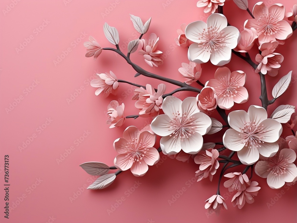 Pink flowers with leaves on pink background