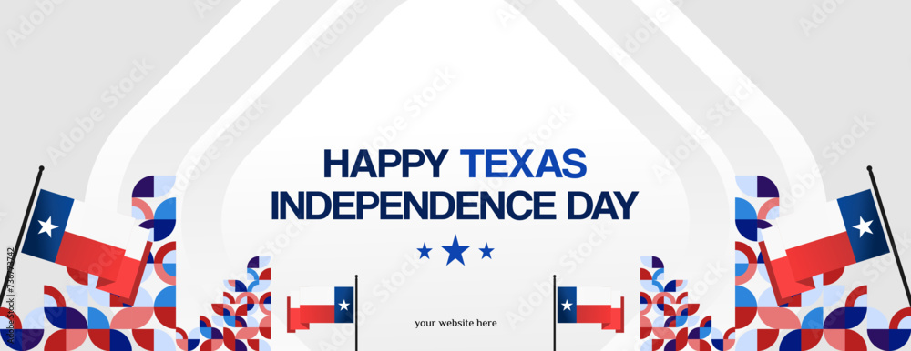 Obraz premium Texas Independence Day banner in colorful modern geometric style. Happy national independence day greeting card cover with typography. Vector illustration for national holiday celebration party