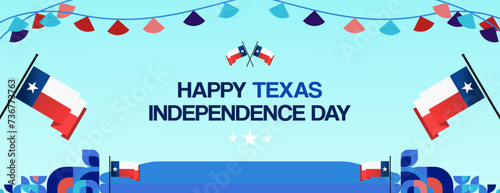 Texas Independence Day banner in colorful modern geometric style. Happy national independence day greeting card cover with typography. Vector illustration for national holiday celebration party