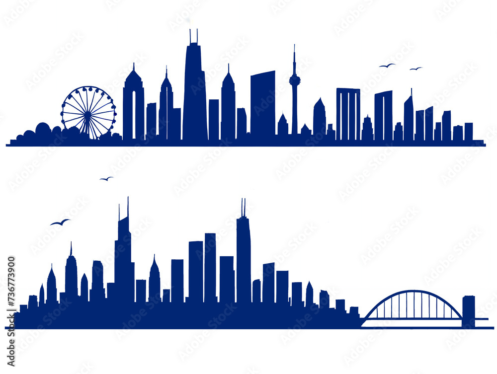 city skyline illustration, featuring iconic urban landmarks and skyscrapers against the night sky in a vector