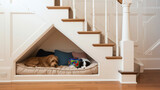 A creative use of underthestairs space turned into a personalized dog den complete with a soft bed and toy storage.