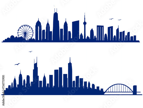 city skyline illustration, featuring iconic urban landmarks and skyscrapers against the night sky in a vector