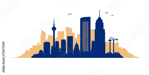 city skyline illustration, featuring iconic urban landmarks and skyscrapers against the night sky in a vector