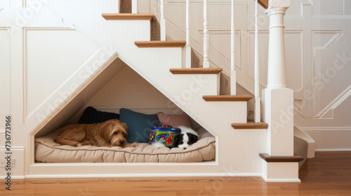 A creative use of underthestairs space turned into a personalized dog den complete with a soft bed and toy storage.