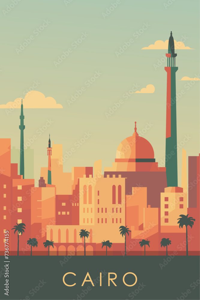 Cairo retro city poster with abstract shapes of skyline, buildings. Vintage Egypt capital travel vector illustration