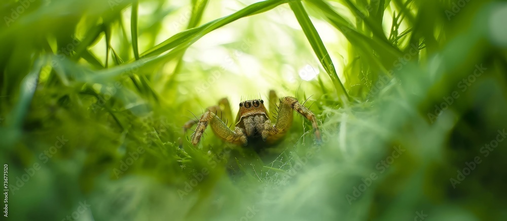 Spider in grass tunnel.