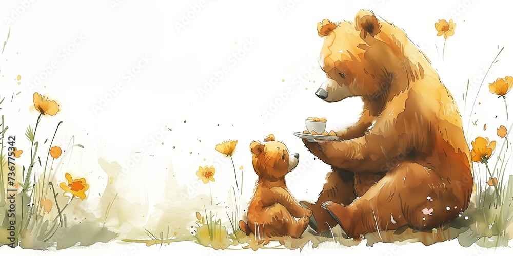 Watercolor weekend of parent with kid in the sunny forest. Toy bear family picnic on the flower lawn. Lovely cartoon lunch painting.
 - obrazy, fototapety, plakaty 