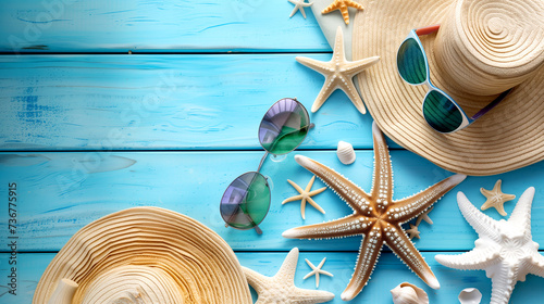 Hat, sunglasses and seashells on blue wooden background, flat lay - top view