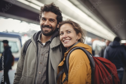 Smiling couple ready for a journey at train station