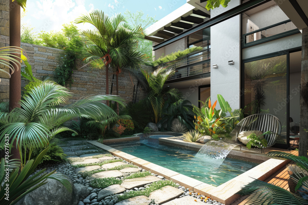 a modern house with many tropical plants and a mini pool