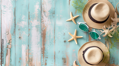 Hat, sunglasses and seashells on blue wooden background, flat lay - top view