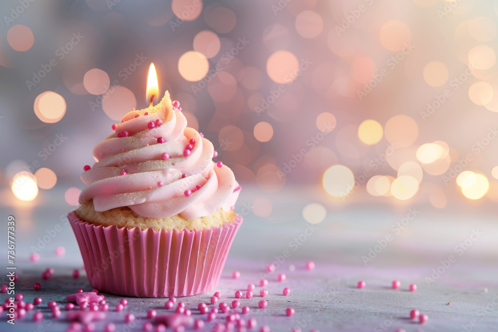 Celebratory Cupcake with Candle and Sprinkles. A single cupcake with pink frosting, sprinkles, and a lit birthday candle, set against a dreamy light blue bokeh background.