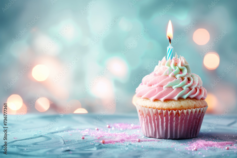 Celebratory Cupcake with Candle and Sprinkles. A single cupcake with pink frosting, sprinkles, and a lit birthday candle, set against a dreamy light blue bokeh background. Celebratory Cupcake with Candle and Sprinkles. A single cupcake with pink frosting, sprinkles, and a lit birthday candle, set against a dreamy light blue bokeh background.
