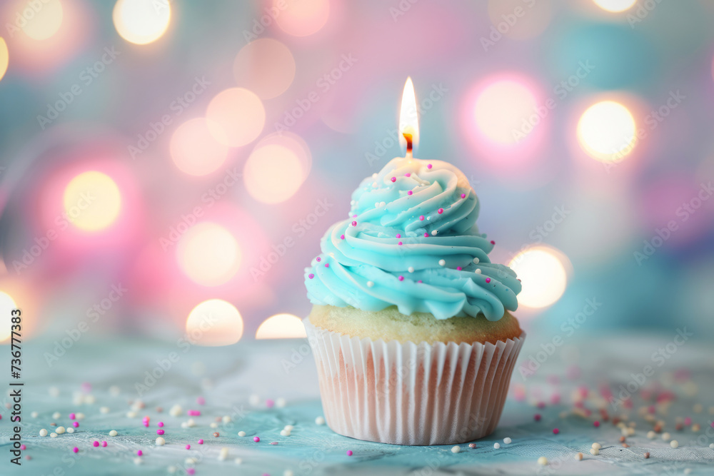 Festive Birthday Cupcake with Colorful Sprinkles. A birthday celebration depicted through a delectable cupcake with white frosting and multicolored sprinkles, a lit candle standing tall.