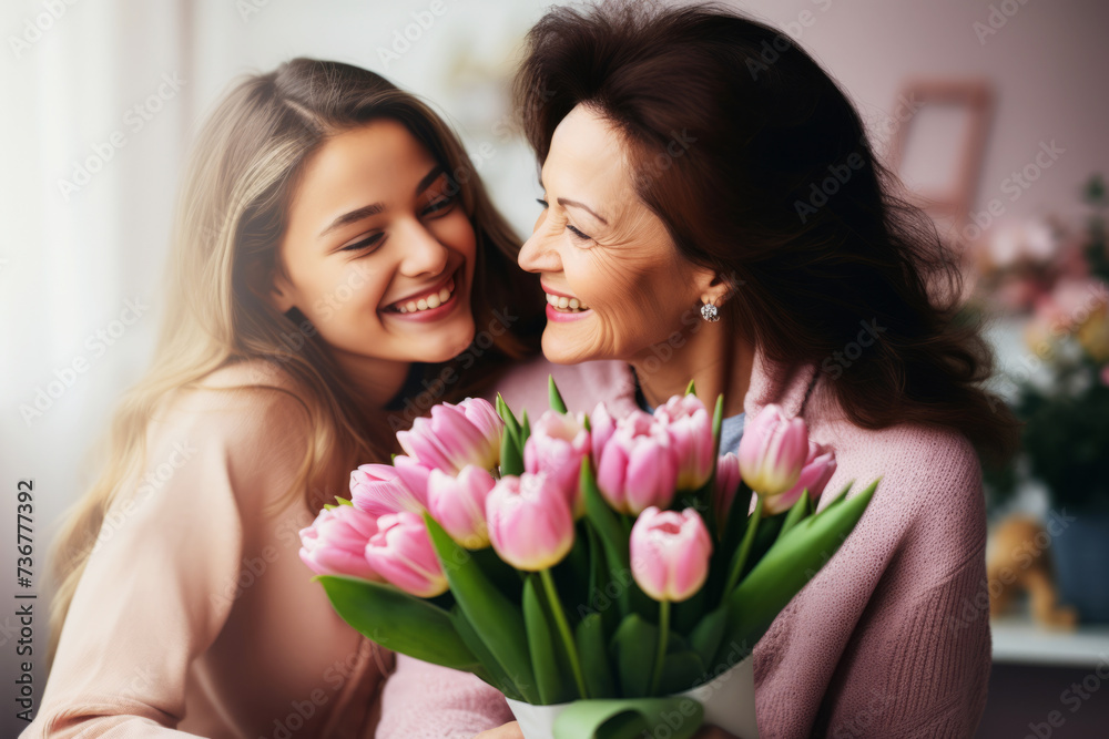 Generational Bonding with a Bouquet of Tulips. A heartwarming moment as a grandmother and granddaughter share a smile, with a beautiful bouquet of tulips symbolizing their bond.