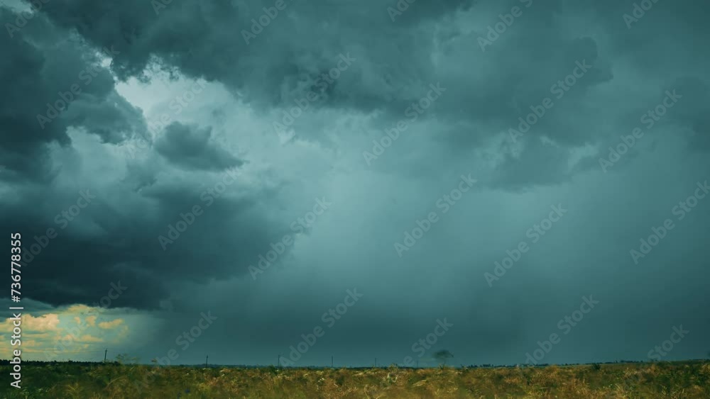 Storm Cloudy Rainy Sky. Dramatic Sky With Dark Clouds In Rainy Day. Storm And Rain Above Summer Field. Time Lapse, Timelapse, Time-lapse. Hyper lapse 4K. Agricultural And Weather Forecast Concept.