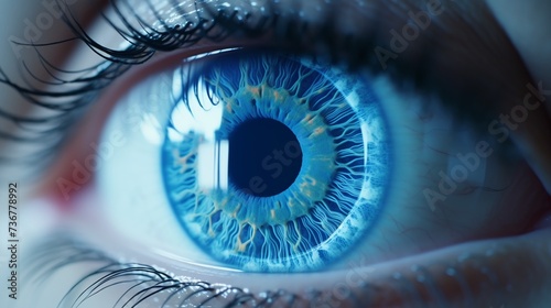 close up view of human eye with blue iris.