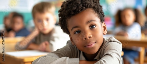 A child is happily sitting at a desk in a classroom, with a big smile on his face. His head is resting on his arm, enjoying a moment of leisure
