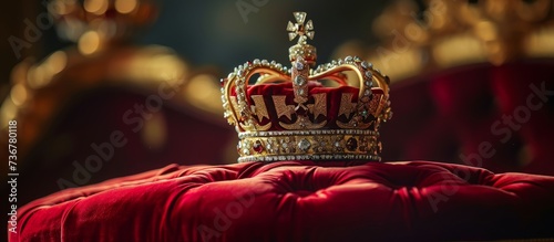 a crown is sitting on top of a red ottoman . High quality