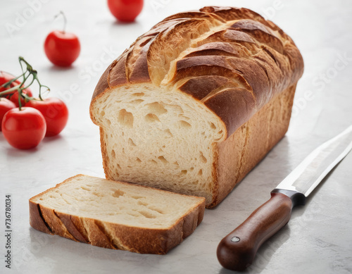 loaf of bread, bread with knife, cutting bread