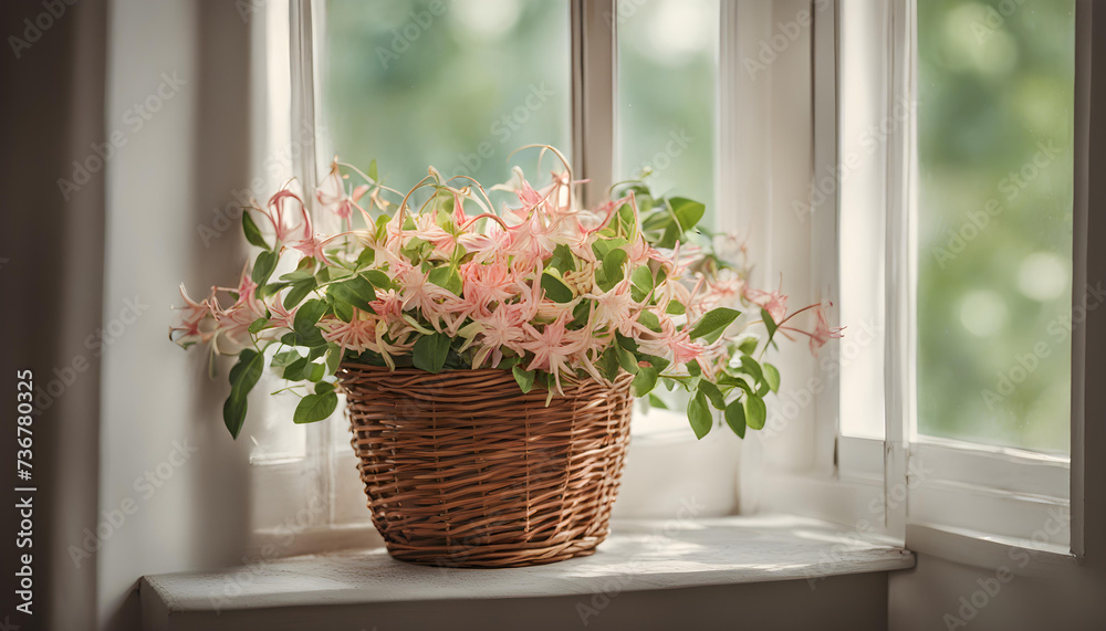 Bouquet of Honeysuckle flowers in wicker basket near window.