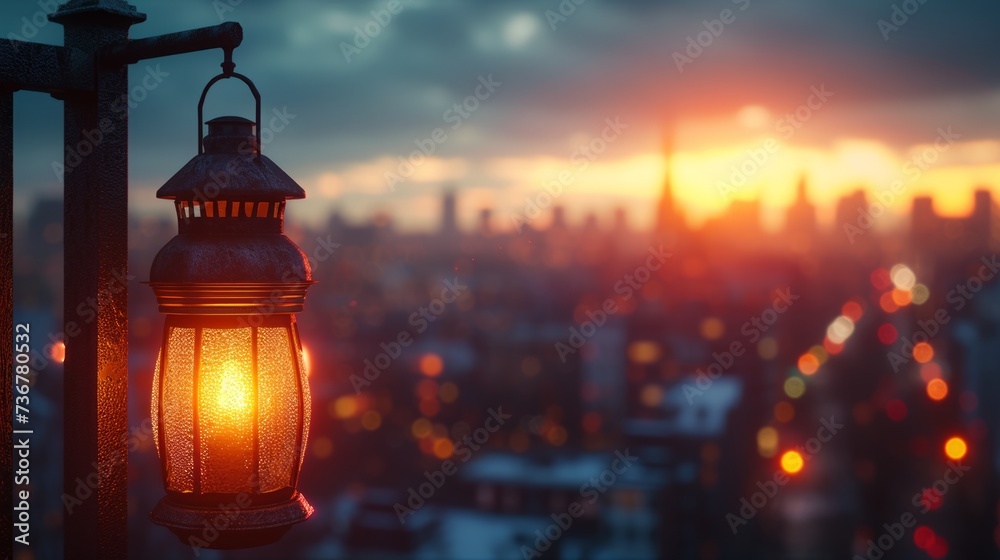 Warm glow of a traditional lantern on a foggy evening setting a nostalgic city scene Warm glow of a traditional lantern on a foggy evening setting a nostalgic city scene