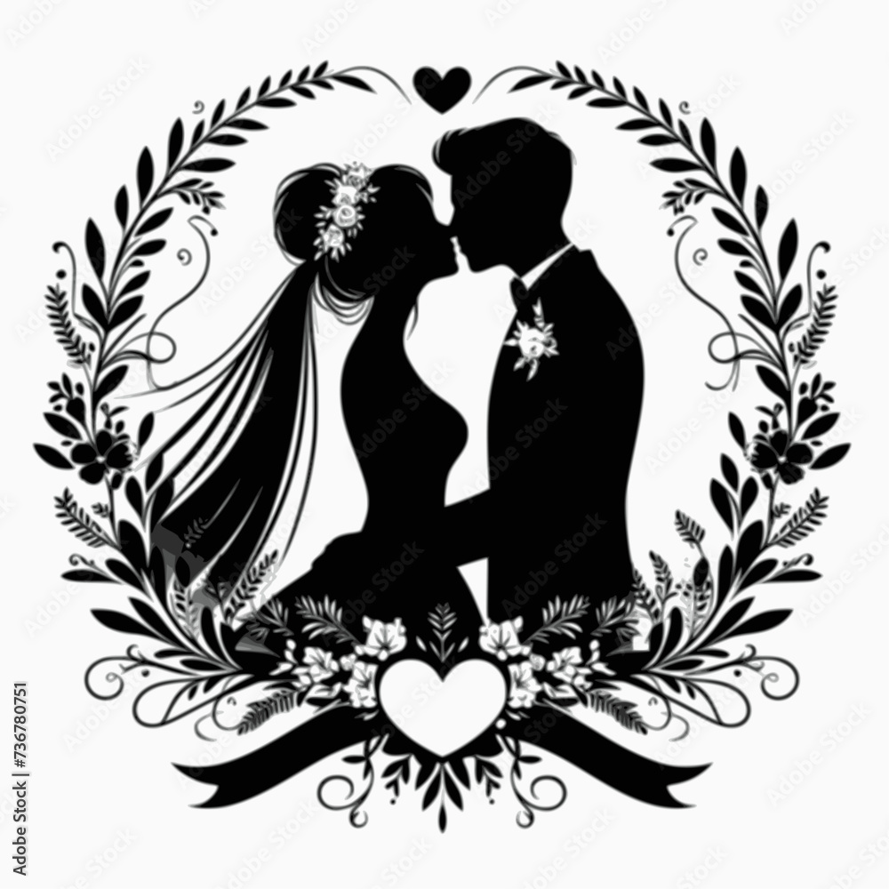 silhouette of a couple with frame of flowers