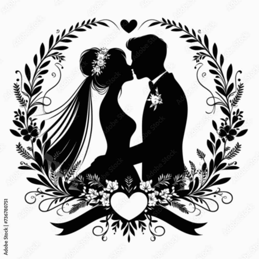 silhouette of a couple with frame of flowers silhouette of a couple with frame of flowers