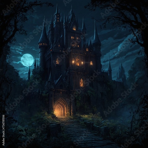 Visually rich anime concept art illustration of a extremely detailed ominous gothic castle at night in an overgrown and magical world, dark fantasy art, bioluminescent dark lighting, deep shadows,