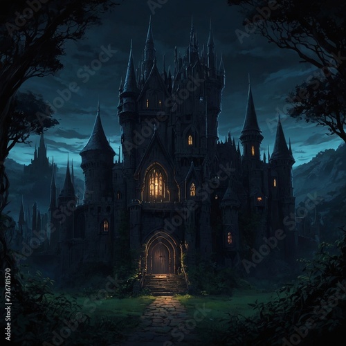 Visually rich anime concept art illustration of a extremely detailed ominous gothic castle at night in an overgrown and magical world, dark fantasy art, bioluminescent dark lighting, deep shadows,