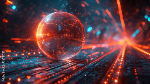 In this abstract image a floating holographic sphere is surrounded by streams of data that swirl and merge representing the seamless integration of technology and financial
