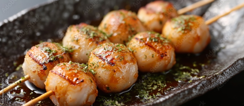 a close up of a plate of food with skewers on a table . High quality a close up of a plate of food with skewers on a table . High quality