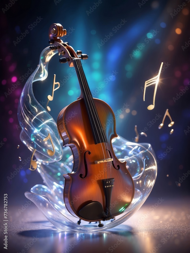 violin made of iridescent crystal playing music, virtual musical note, sheet music, musical poster background, violin floating in mid air