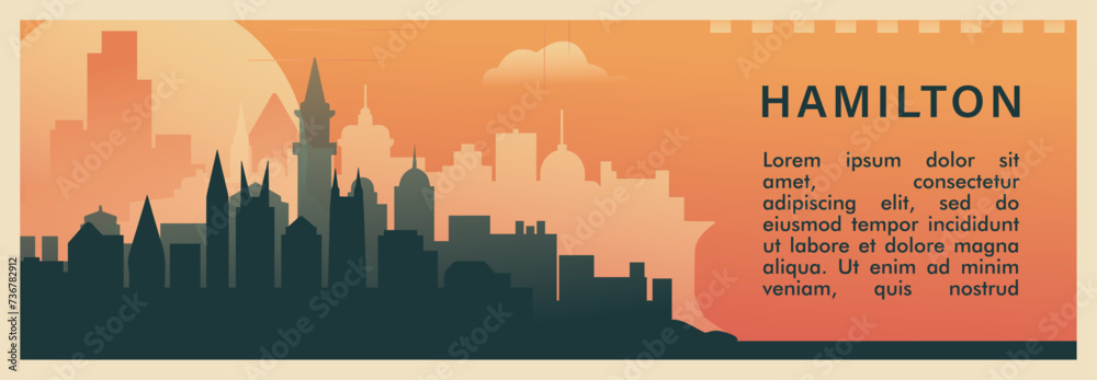 Hamilton city brutalism vector banner with skyline, cityscape. Canada, Ontario province retro horizontal illustration, travel layout for web presentation, header, footer