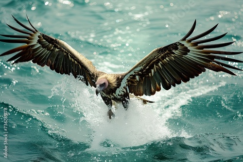 Beautiful Palm-Nut Vulture Eagle Flying By Flaps The Wings With Splash Of Water Isolated On Sea View  photo