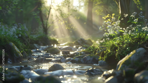 Morning sun shining through a lush forest onto a sparkling stream with smooth rocks and greenery.
 photo