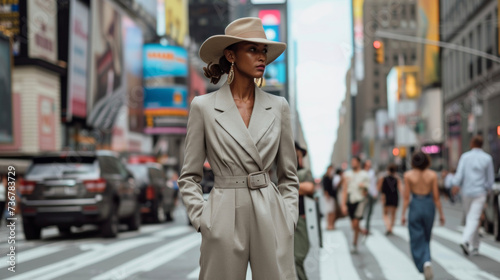 A tailored jumpsuit in a neutral color paired with a statement belt and fedora hat showcasing the power and sophistication of genderneutral fashion. Background A busy city