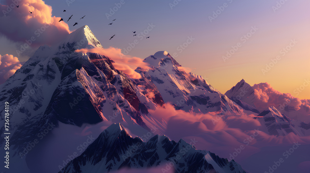 Majestic snow-covered mountains bathed in the warm glow of a sunset with a pastel sky.
